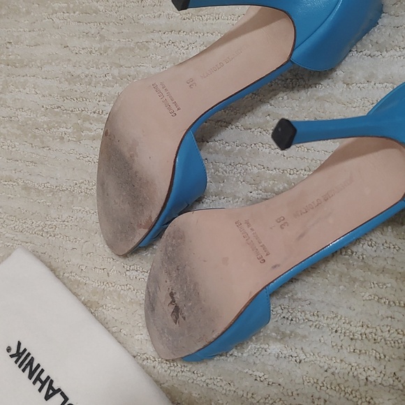 Manolo Blahnik Electric Blue Open Toe Stiletto Heel Rosettado Sandals Size 38 - Picture 6 of 13